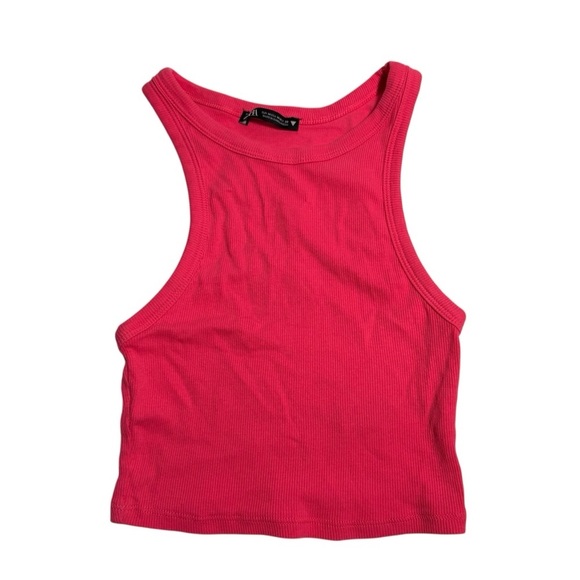 Zara Tops - Zara Cropped Tank Top Hot Pink Ribbed Size Medium Stretchy Cotton Barbie